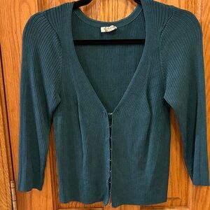 Ribbed Teal Green V-Neck Women's Cardigan - Hook Front